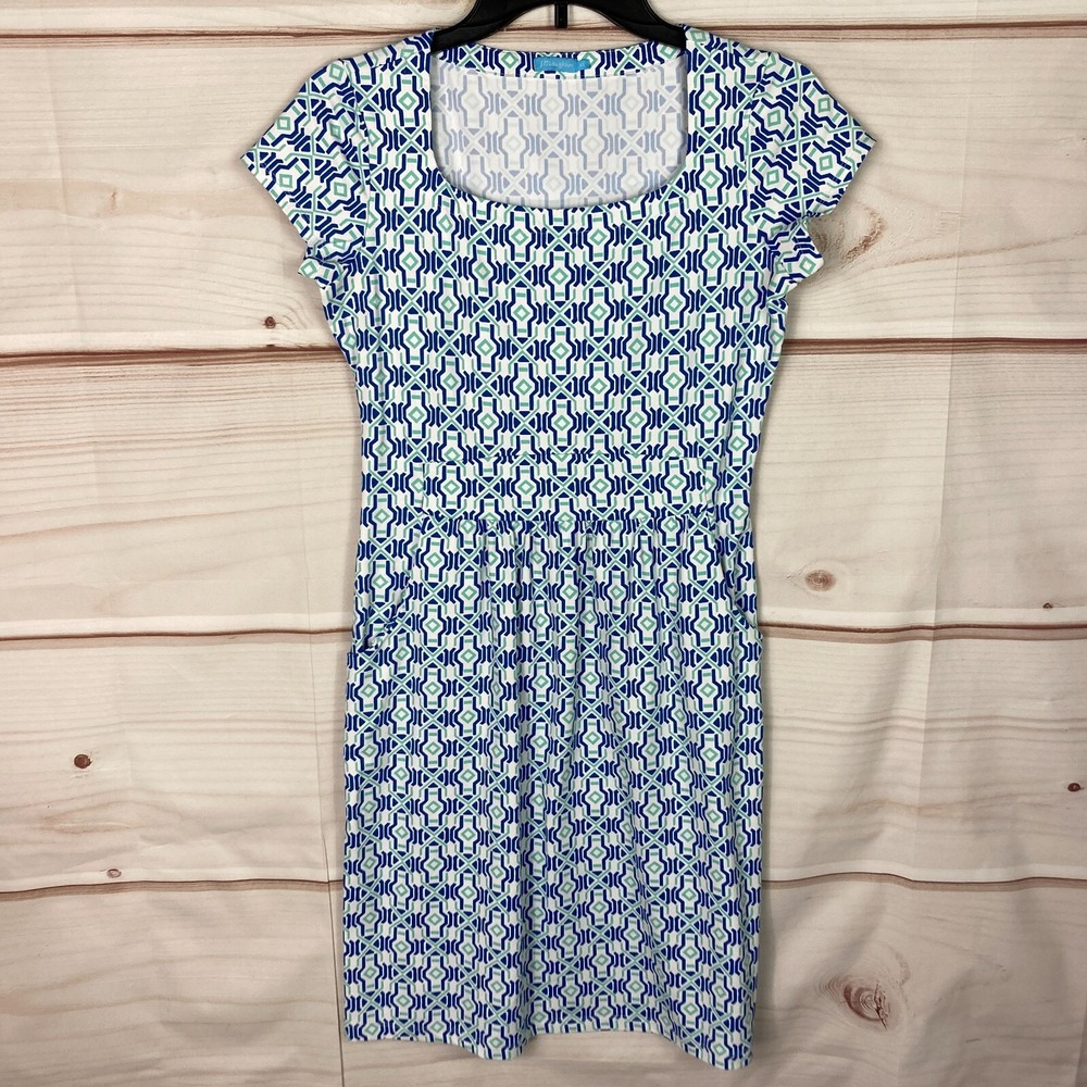 J. McLaughlin Dress Womens XS Green Blue Catalina Cloth Shift Geometric Pockets